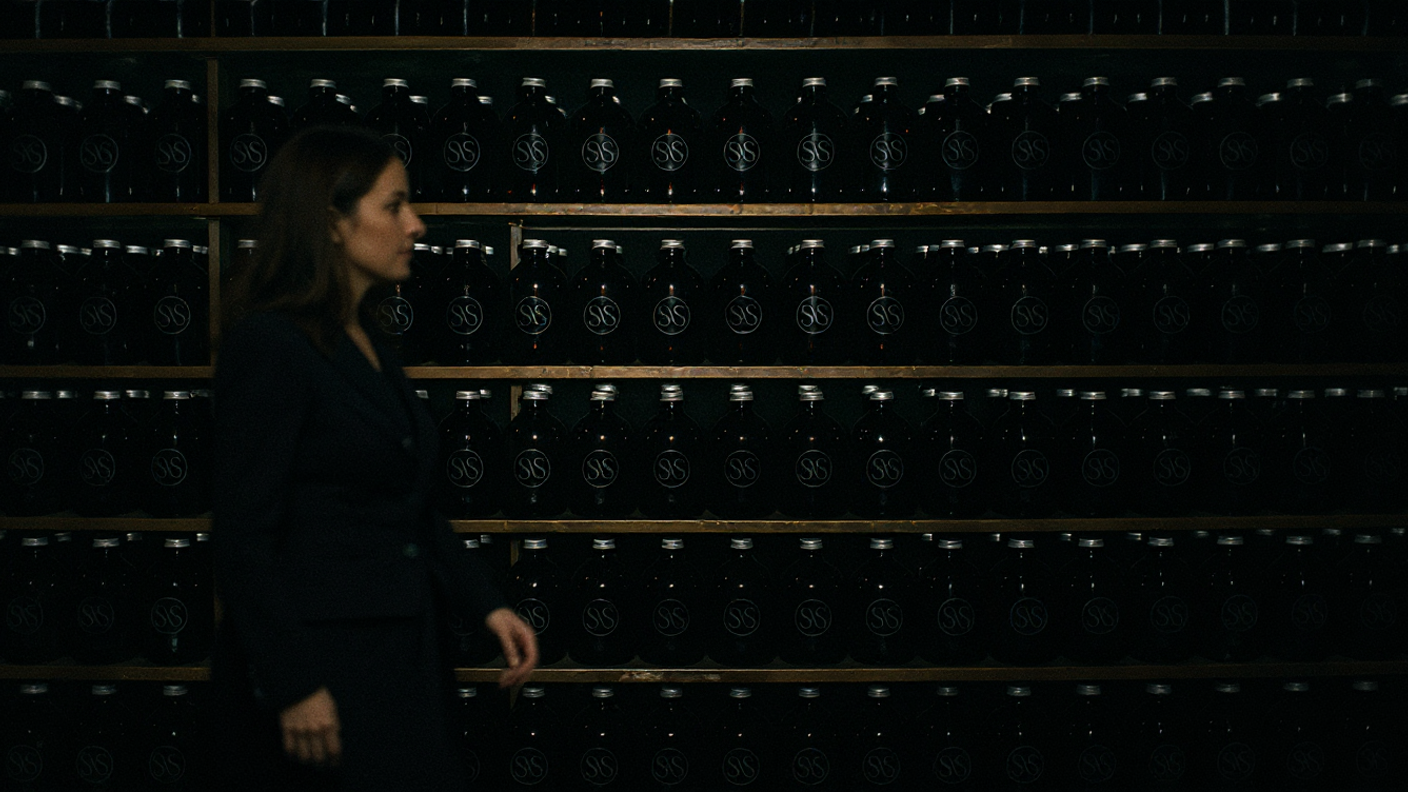 Woman standing in a perfume cellar with rows of macerating Shower Story essential oil bottles.